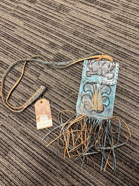 Turquoise Tooled Leather Crossbody Phone Bag with Fringe